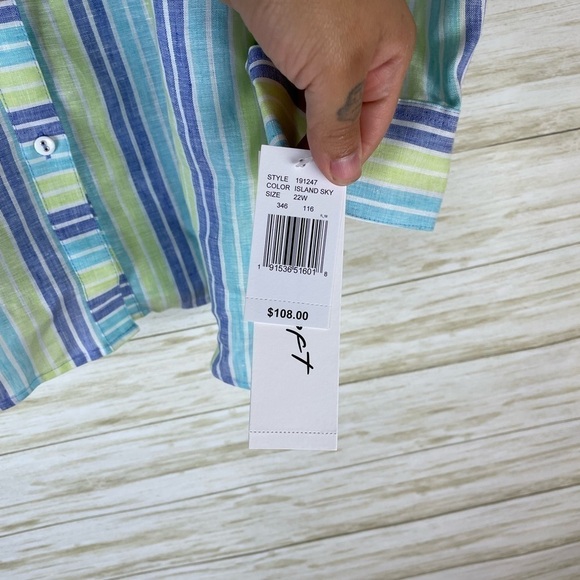 NWT Foxcroft NYC Blue Green Vertical Striped Linen Button Down Shirt - Picture 4 of 6